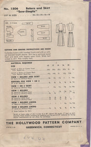 1940's Hollywood Bolero and Skirt Set Pattern - Bust 32" - No. 1506