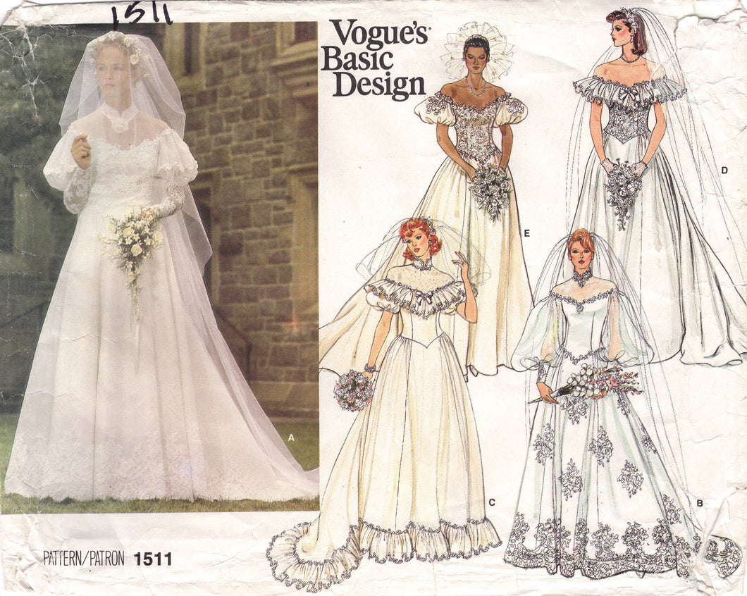 1980's Vogue Basic Bridal Gown with Fitted Bodice, Off the shoulder top and Large sleeves - Bust 31.5