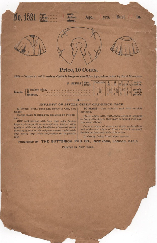 1910's Butterick Infant Cape/Sack Pattern - Bust 20