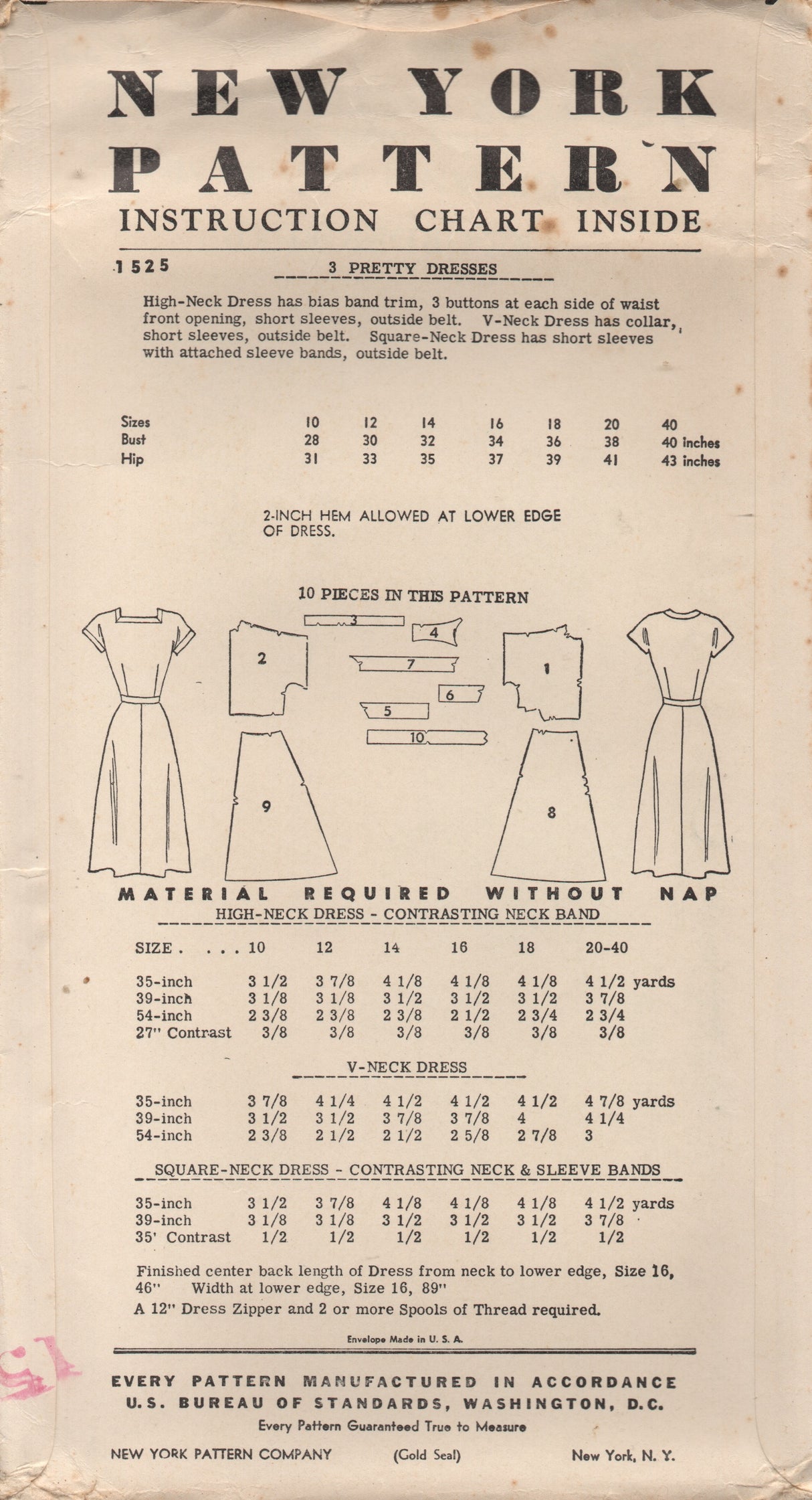 1950's New York One Piece Dress with Cap Sleeves and 3 Neckline Styles - Bust 32" - No. 1525