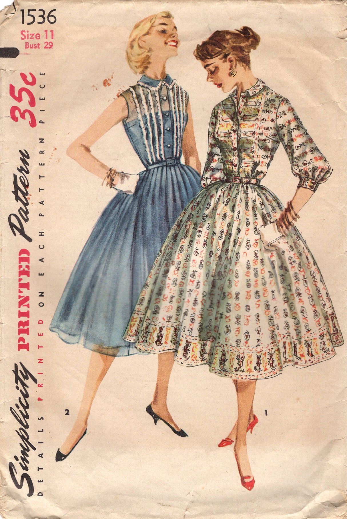 1950's Simplicity One-Piece Shirtwaist Dress pattern with High Neck and pintucks - Bust 29" - No. 1536