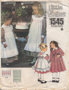 1970's Little Vogue Girl's Button Front Dress and Ruffle Pinafore with Smocking - Size 4 - No. 1545