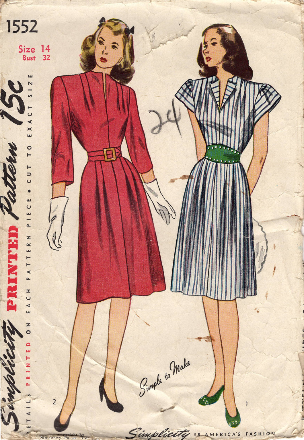 1940's Simplicity One Piece Dress with Tucks at Shoulders and waist - Bust 32