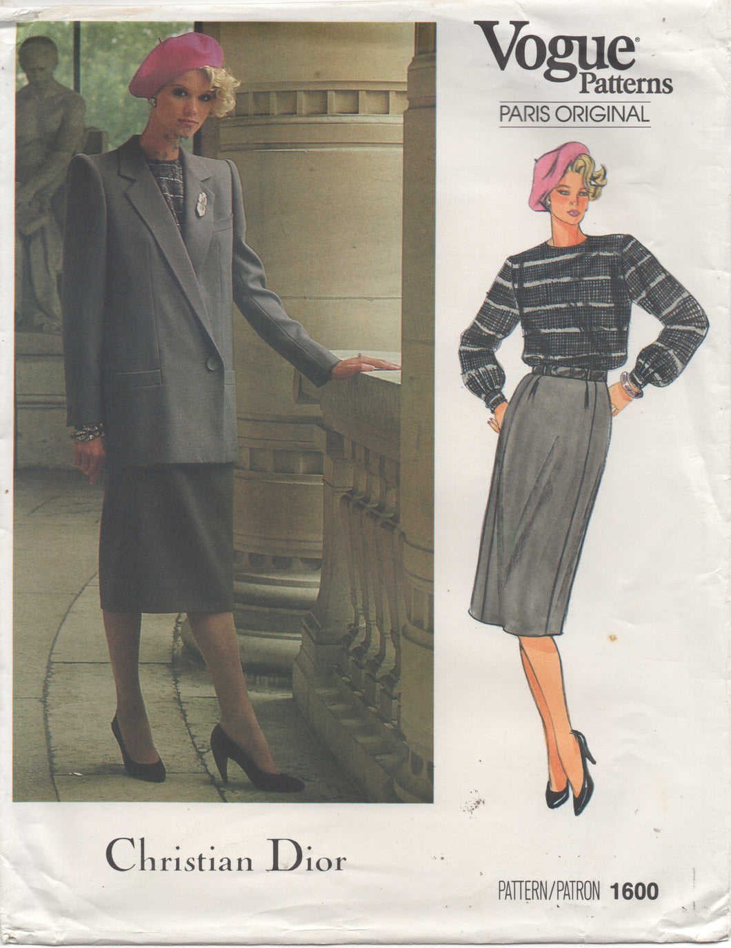 1980's Vogue Paris Original Oversize Jacket, Button Back Blouse and Straight Skirt - Christian DIor - Bust 34