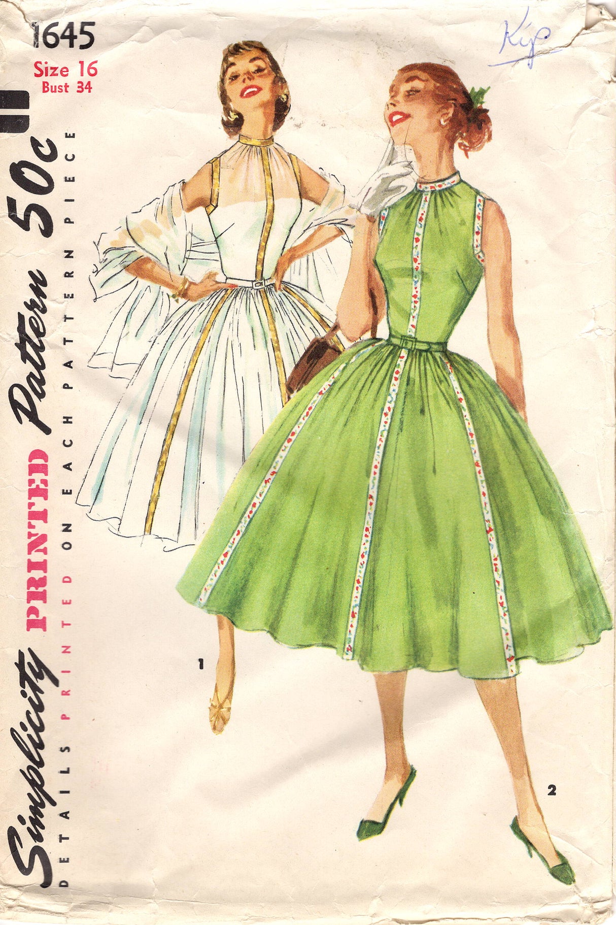 1950's Simplicity One Piece Dress with High Neck and Gathered Skirt and Stole Pattern - Bust 34" - No. 1645