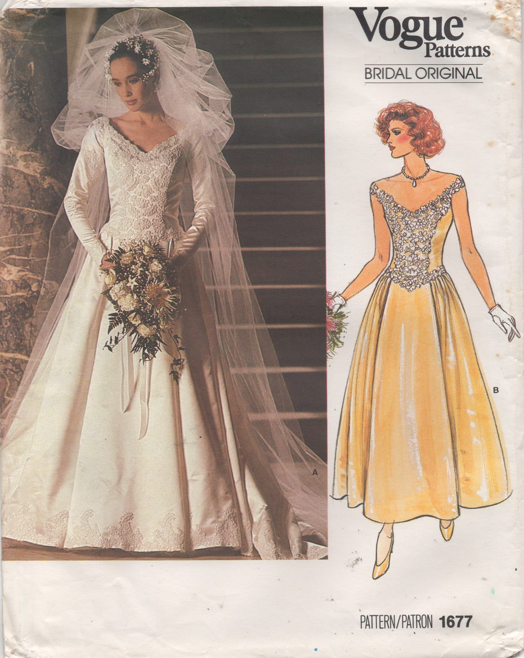 1980's Vogue Bridal Original Gown with Fitted Bodice, Side gathered skirt and strap or long sleeves- Bust 32.5