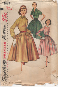 1950's Simplicity One Piece Dress with High Neckline, Pleated Skirt and Bow Accents - Bust 32" - No. 1683