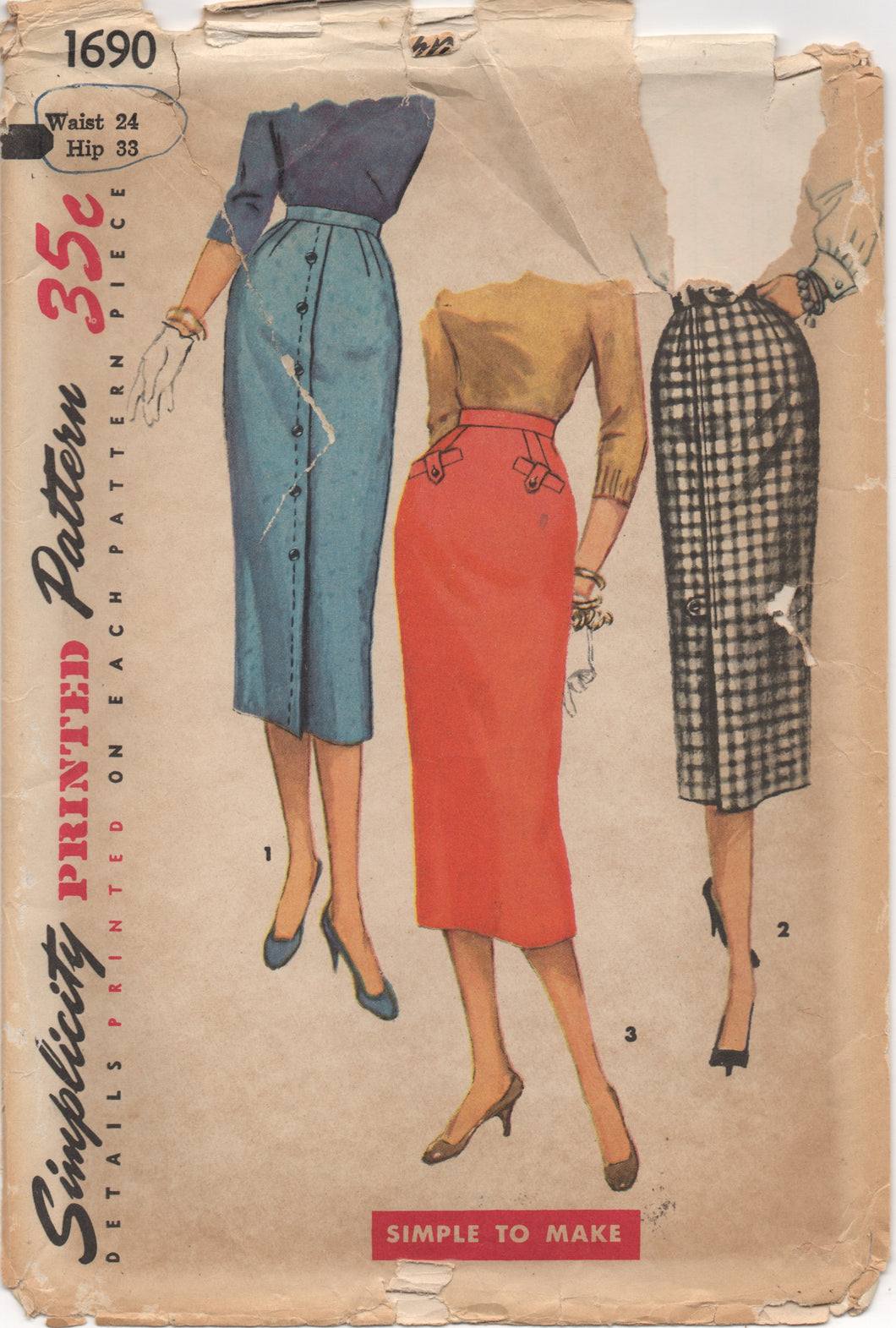 1950's Simplicity Slim Skirt Pattern with Tab Accents - Waist 24