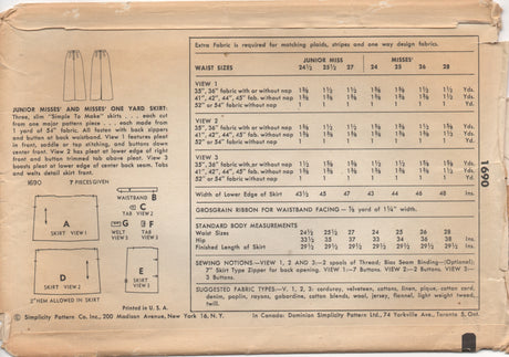 1950's Simplicity Slim Skirt Pattern with Tab Accents - Waist 24" - no. 1690