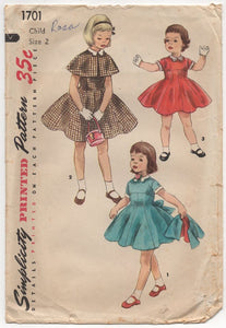 1950's Simplicity Child's One Piece Dress with Empire style waist and Cape- Chest 21" - No. 1701