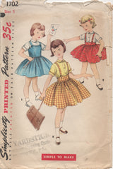 1950's Simplicity Child's Jumper, Raised Waist Skirt and Blouse pattern - Chest 23.5" - No. 1702