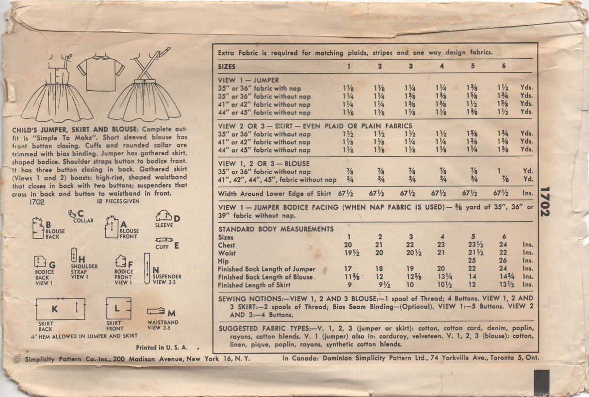 1950's Simplicity Child's Jumper, Raised Waist Skirt and Blouse pattern - Chest 23.5" - No. 1702