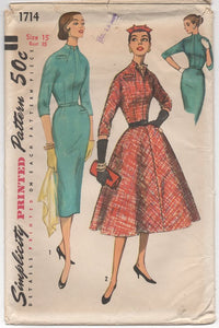 1950's Simplicity One Piece Dress with Slim or Flared skirt - Bust 35" - No. 1714