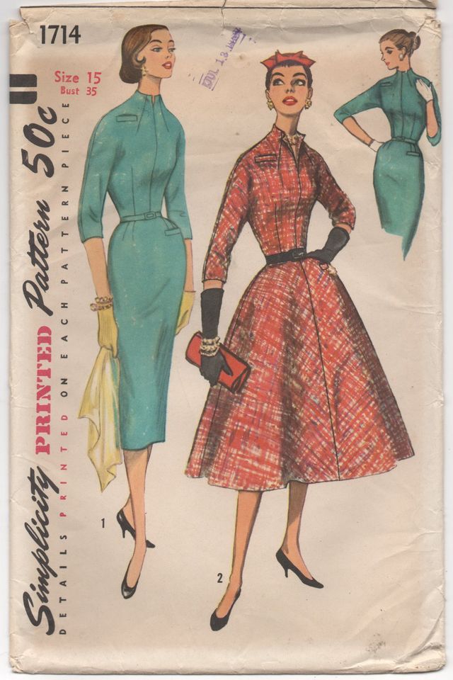 1950's Simplicity One Piece Dress with Slim or Flared skirt - Bust 35