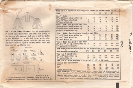 1950's Simplicity Child's Blazer Jacket and Pleated Suspender Skirt Pattern - Chest 26" - No. 1740