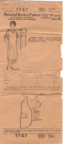 1920's Pictorial Full Apron with pocket Pattern - Bust 44