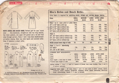 1950's Simplicity Men's Robe and Beach Robe - Chest 34-36" - No. 1758