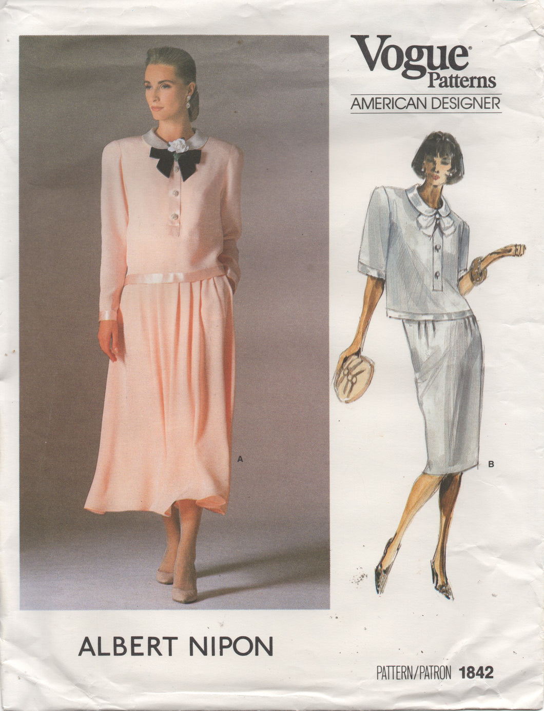 1980's Vogue American Designer Half Button Blouse with Peter Pan Collar and Soft Pleated Skirt - Albert Nipon - Bust 34
