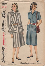 1940's Simplicity One Piece Dress with Fly Front and Pockets - Bust 34" - No. 1890
