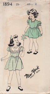 1940's New York Girl's One Piece Dress with Puff Sleeves, Gathered Skirt and Optional Yoke - Chest 23" - No. 1894