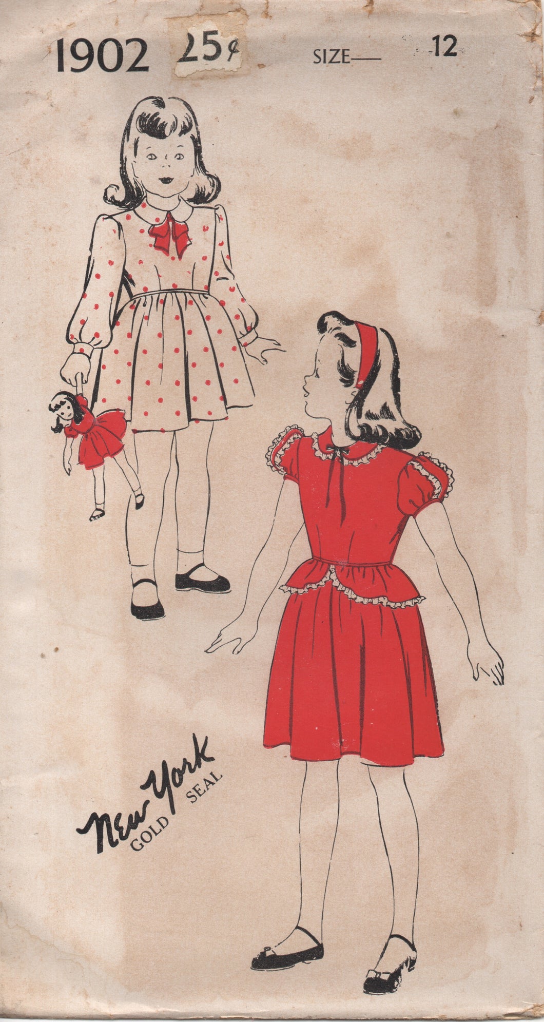 1940's New York Girl's One Piece Dress with Peter Pan Collar and Peplum - Chest 30