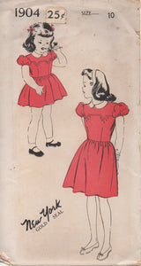 1940's New York Girl's One Piece Dress with Drop down Yoke and Puff Sleeves - Chest 28" - No. 1904