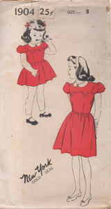 1940's New York Girl's One Piece Dress with Drop down Yoke and Puff Sleeves - Chest 26" - No. 1904