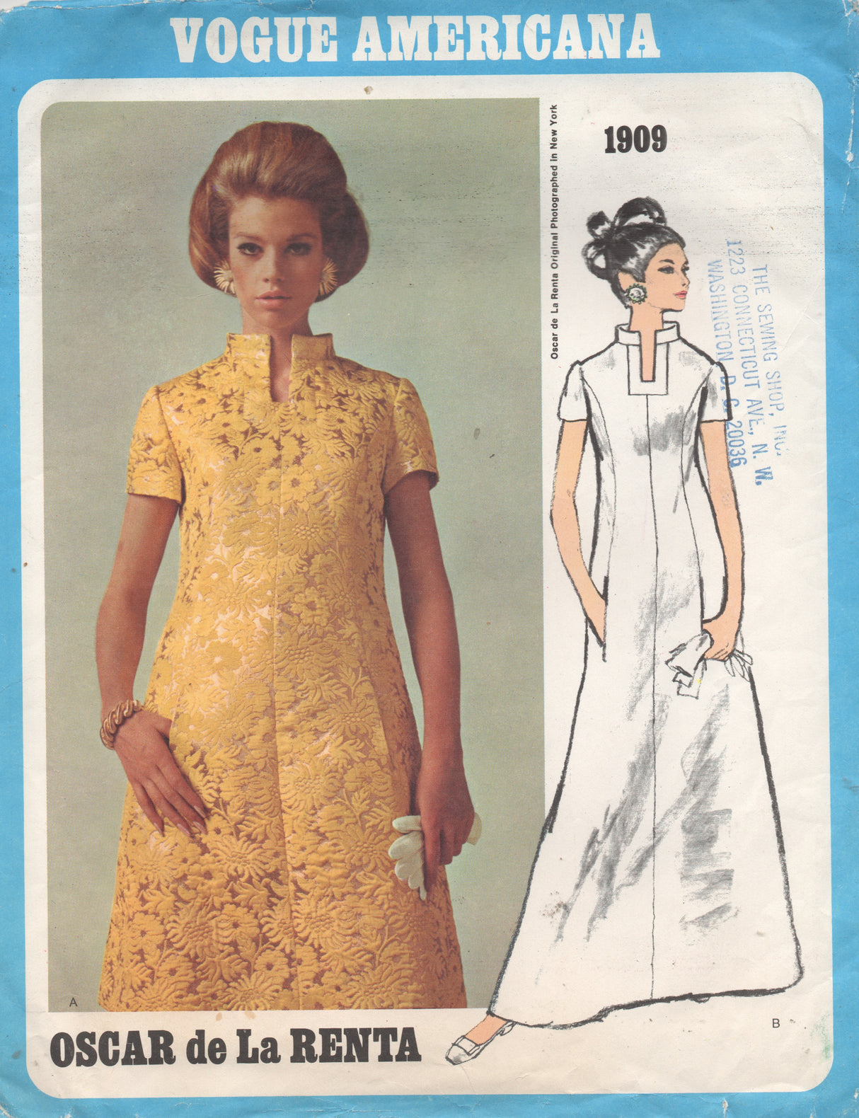 1960's Oscar de la Renta Vogue Americana One Piece Maxi or Midi Dress with Mandarin Collar - UC/FF - Bust 32.5" - No. 1909