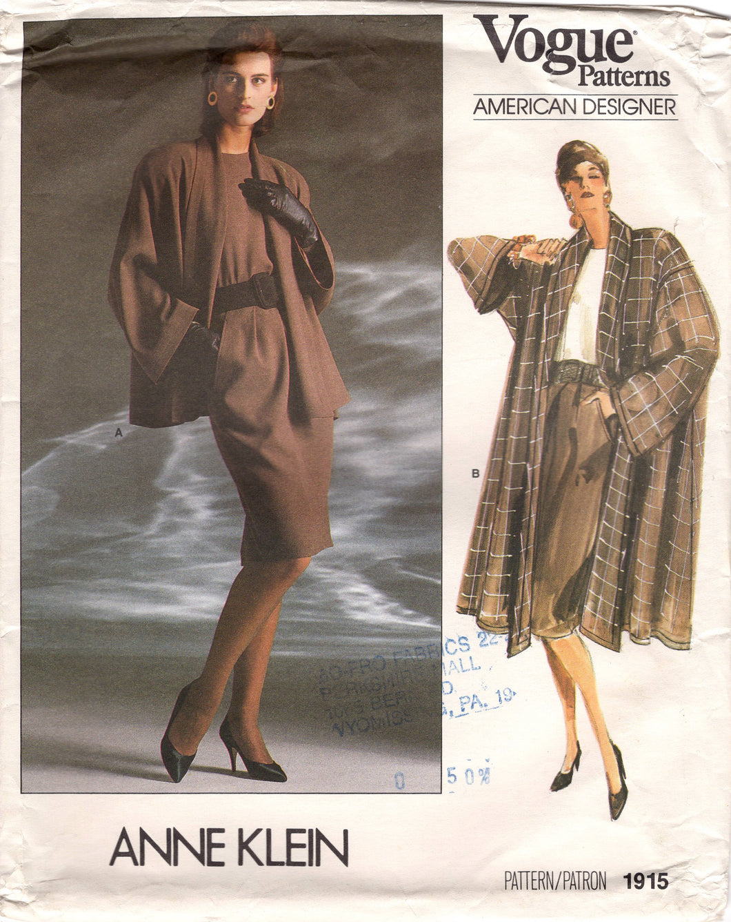 1980's Vogue American Designer Oversize Jacket, Coat, Tucked Blouse and Straight Skirt with Pockets- Anne Klein - Bust 31.5-34