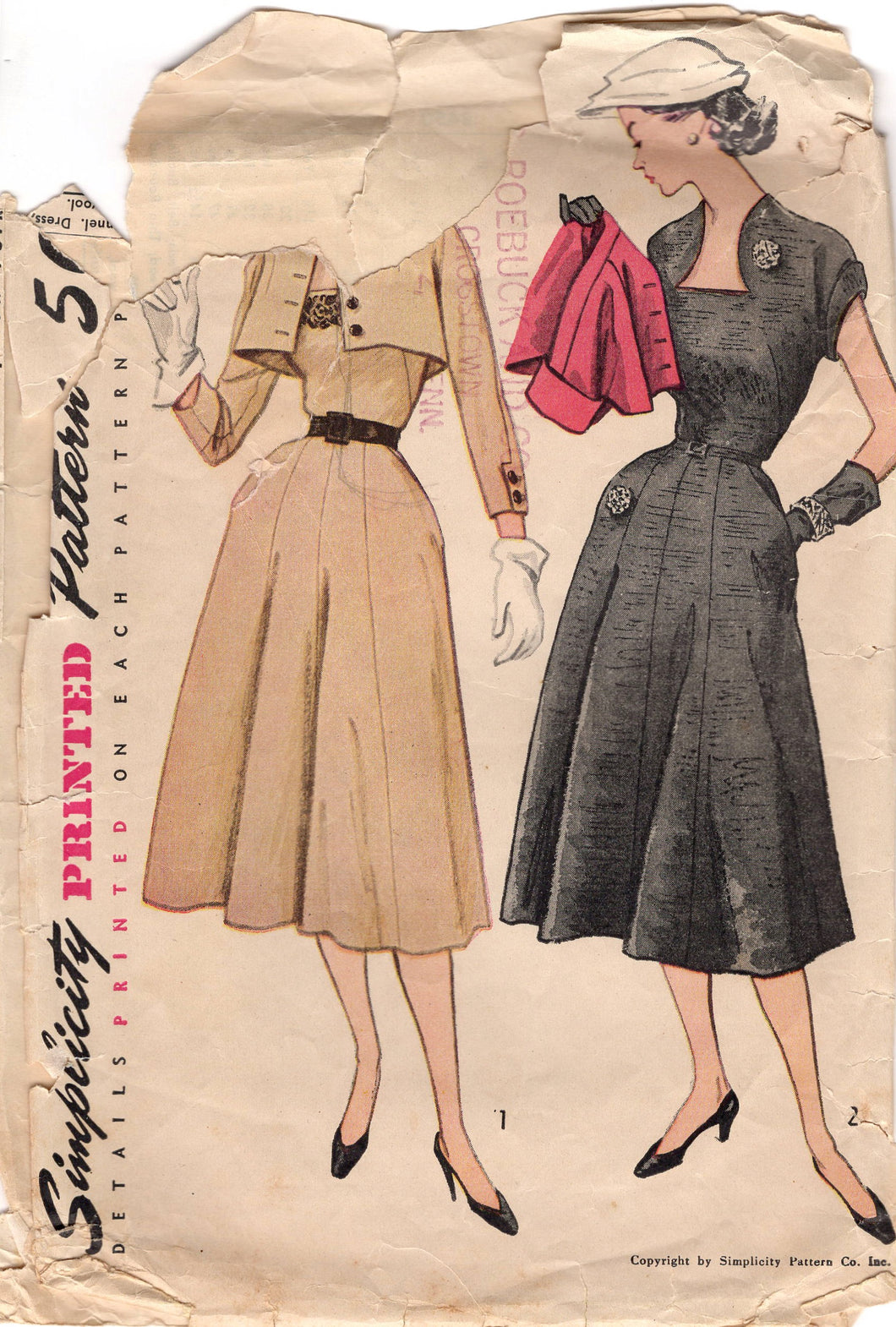 1950's Simplicity Fit and Flare Dress Pattern with Distinct Curved Neckline and Cropped Bolero - Bust 32