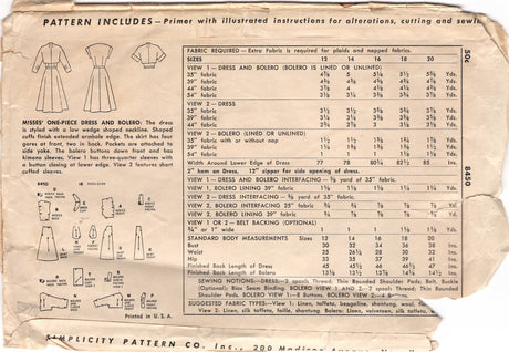 1950's Simplicity Fit and Flare Dress Pattern with Distinct Curved Neckline and Cropped Bolero - Bust 32" - No. 8450