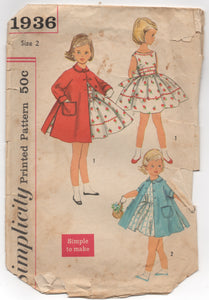 1950's Simplicity Girl's One-Piece Dress with Bow Back and Coat - Breast 21" - No. 1936