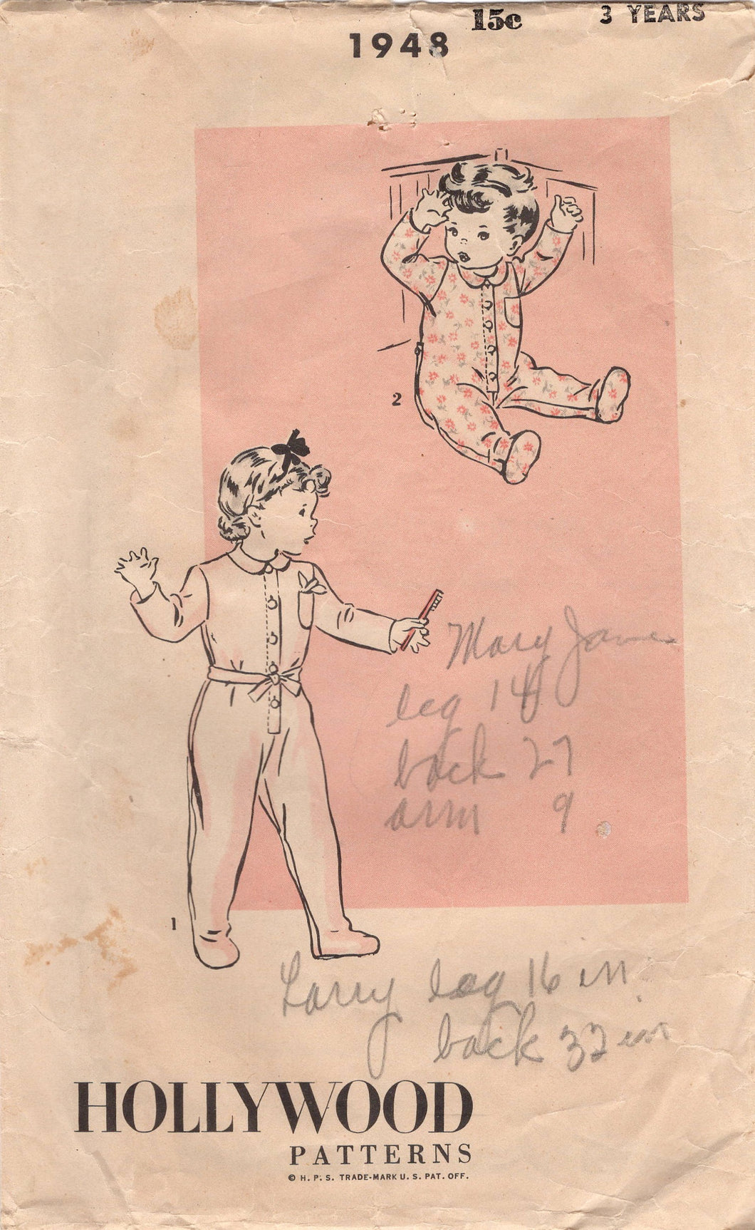 1940's Hollywood Child's Footed Pajama pattern - 3 years - No. 1948