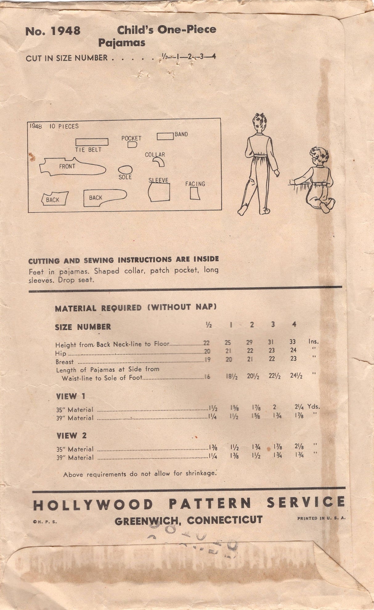 1940's Hollywood Child's Footed Pajama pattern - 3 years - No. 1948