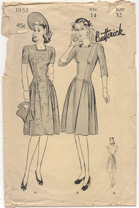 1940's Butterick One Piece Dress with Drop Waist and Gathered sides - Bust 32" - No. 1953