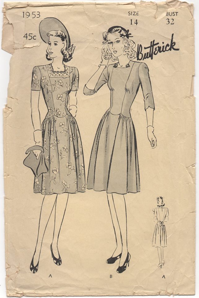 1940's Butterick One Piece Dress with Drop Waist and Gathered sides - Bust 32