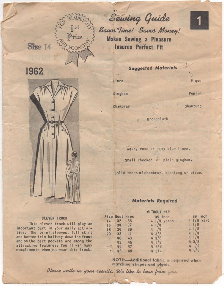 1940's Mail order One Piece Dress with gathered shoulders and pointy pockets - Bust 32