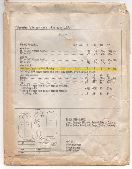 1960's Polynesian Girl's Momi Dress in Two lengths Pattern - Bust 30" - No. 198