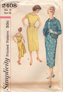 1950's Simplicity Sheath Dress Pattern with Boat neckline, Scoop back and Bolero pattern - Bust 32" - No. 2408