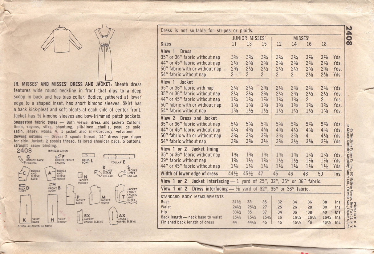 1950's Simplicity Sheath Dress Pattern with Boat neckline, Scoop back and Bolero pattern - Bust 32" - No. 2408