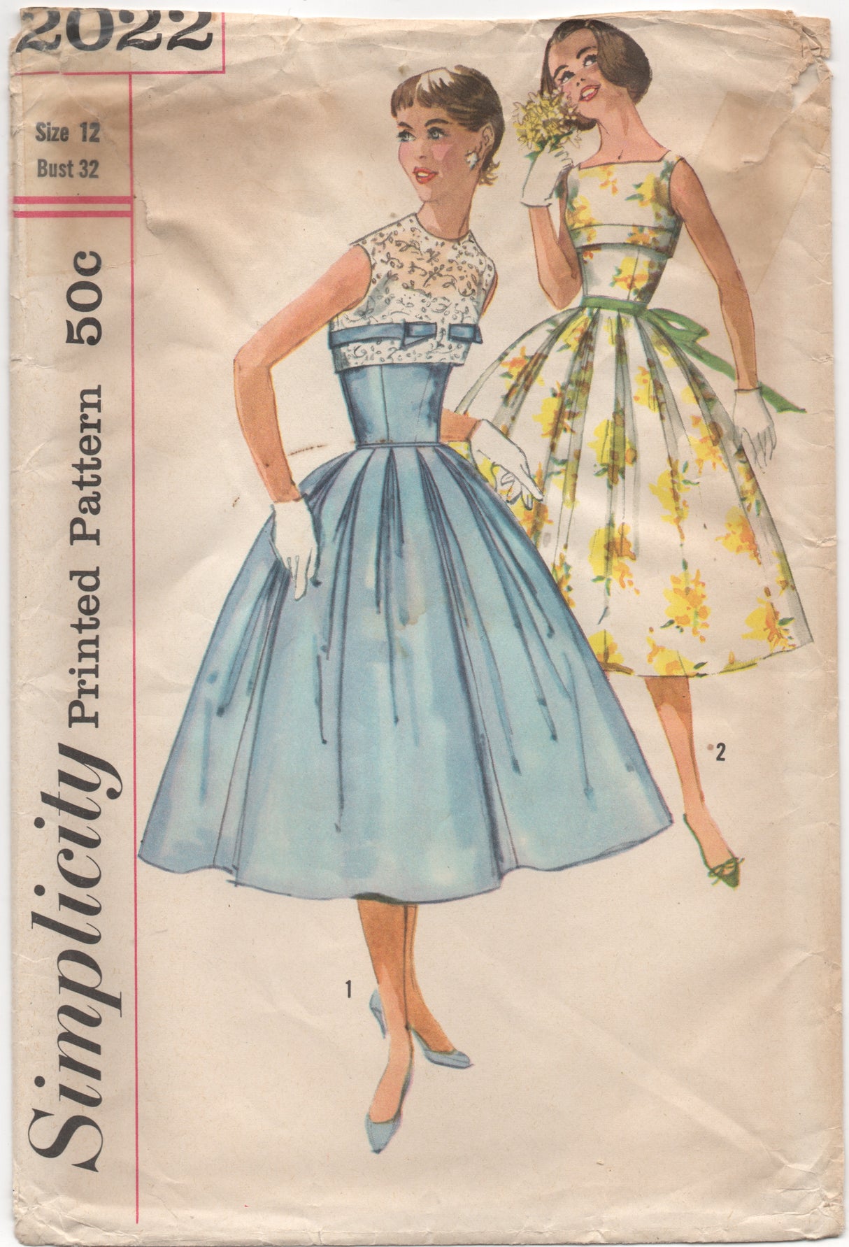 1950's Simplicity One Piece Fit & Flare Dress with Fitted Waist with Mock Bolero - Bust 32" - No. 2022