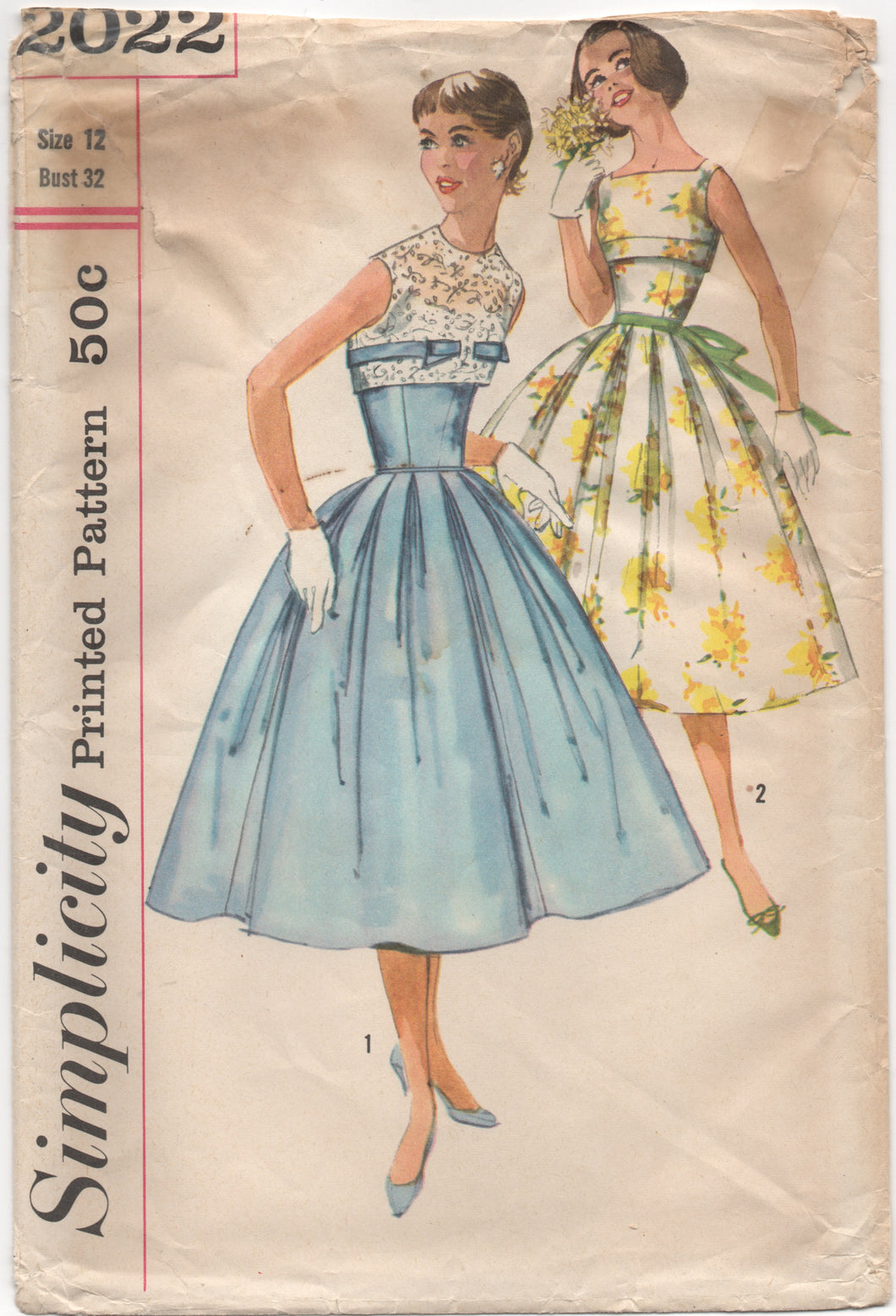 1950's Simplicity One Piece Fit & Flare Dress with Fitted Waist with Mock Bolero - Bust 32
