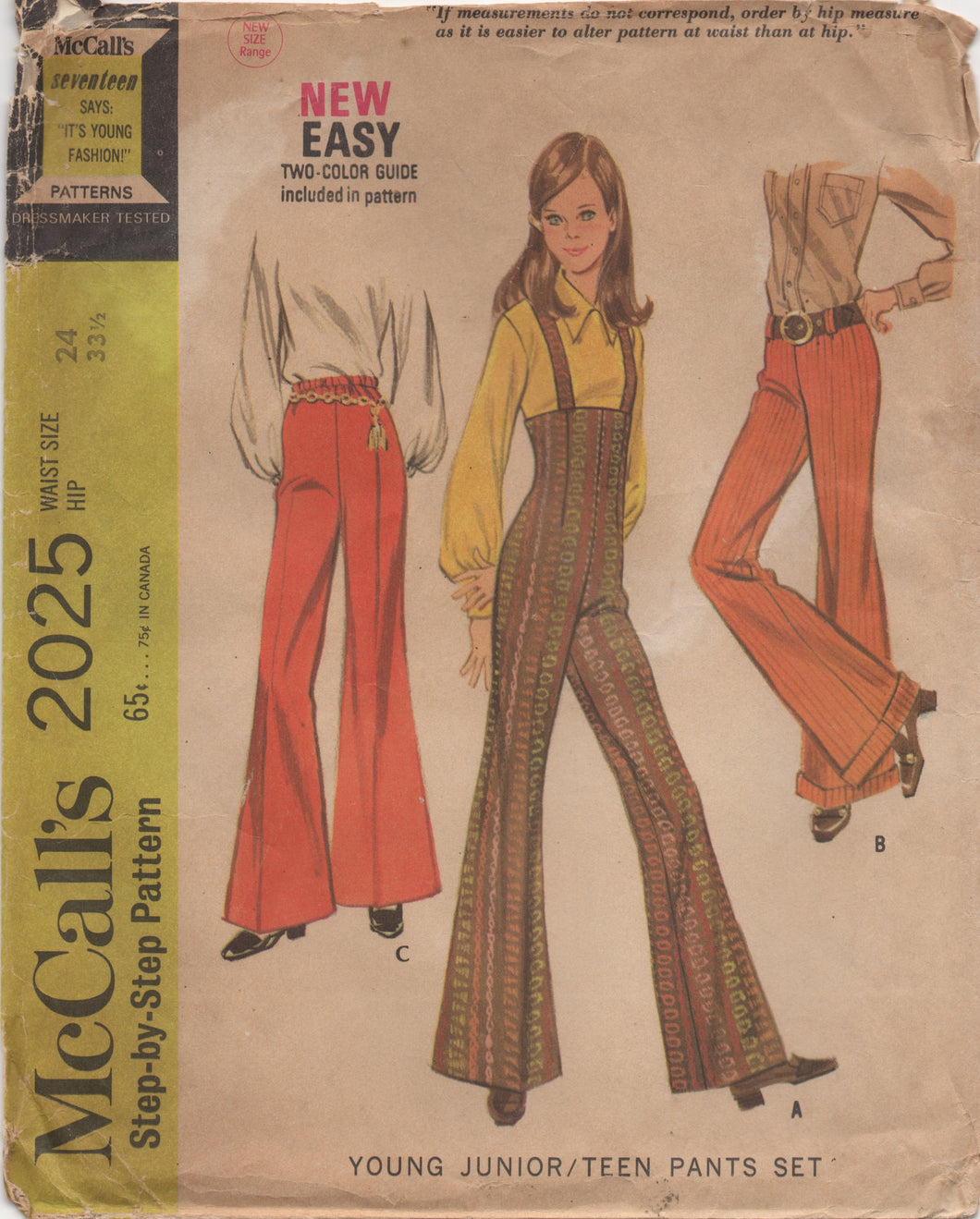 1970's McCall's High waisted bell bottoms with Suspenders - Waist 24