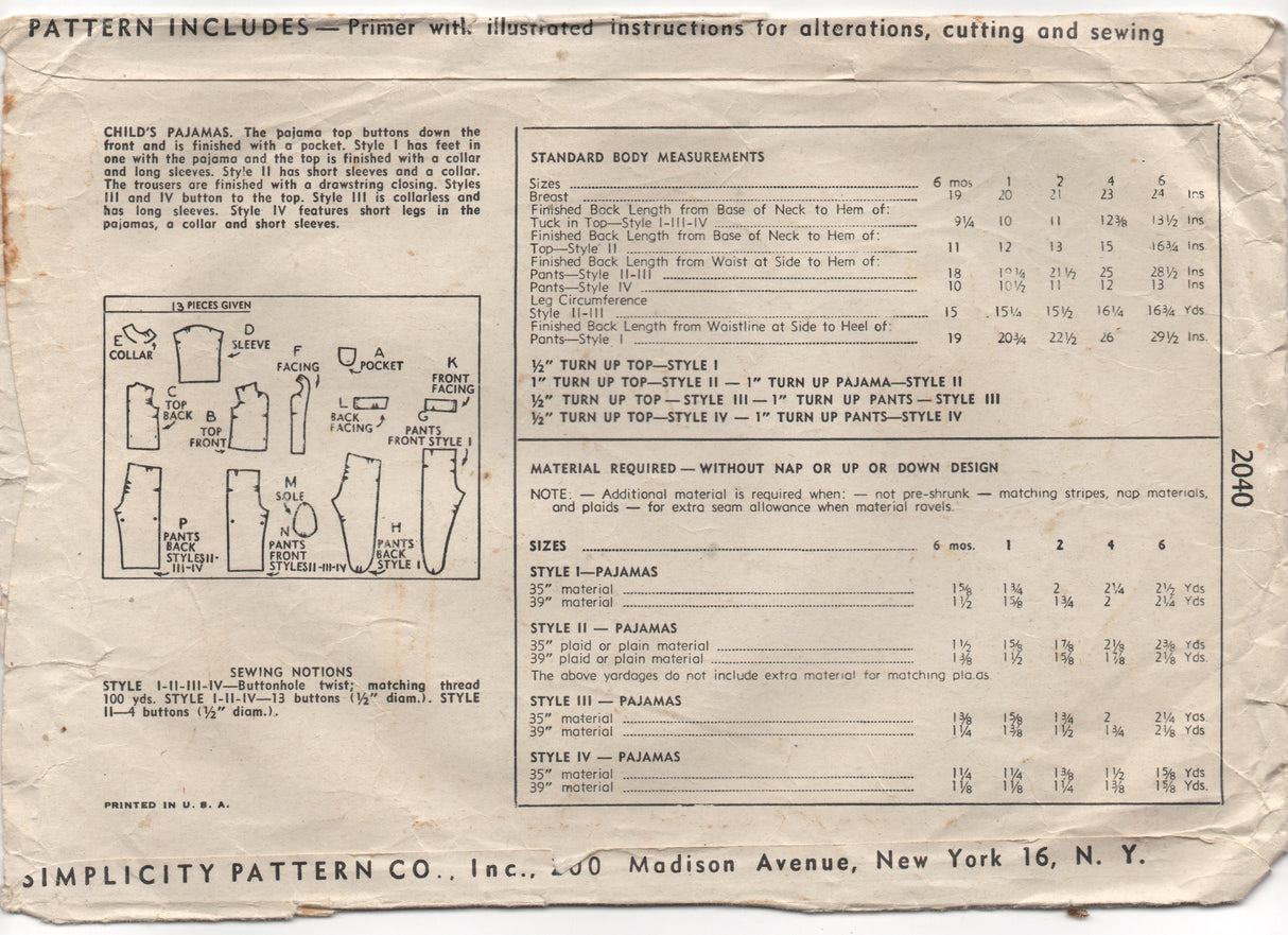 1940's Simplicity Baby Pajamas in 3 styles - 1 yr - No. 2040