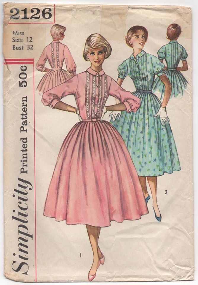 1950's Simplicity One Piece Fit and Flare Dress with Pin Tuck Front and Collar - Bust 32" - No. 2126