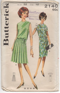 1960's Butterick One Piece Dress with Pleated Skirt or Slim Skirt Pattern - Bust 32" - No. 2140