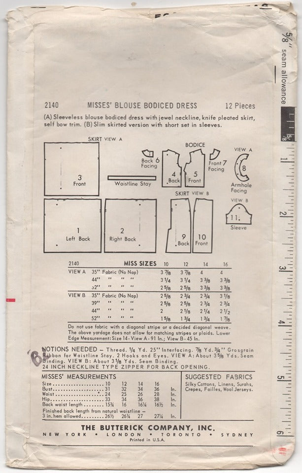 1960's Butterick One Piece Dress with Pleated Skirt or Slim Skirt Pattern - Bust 32" - No. 2140