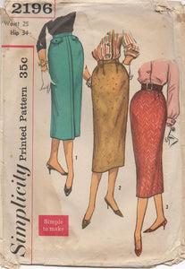 1950's Simplicity Slim Skirt with Tab Accents - Waist 25" - No. 2196