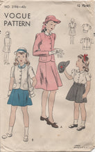 1940's Vogue Child's Jacket, Blouse and Six Gore Skirt - Chest 30" - No. 2196