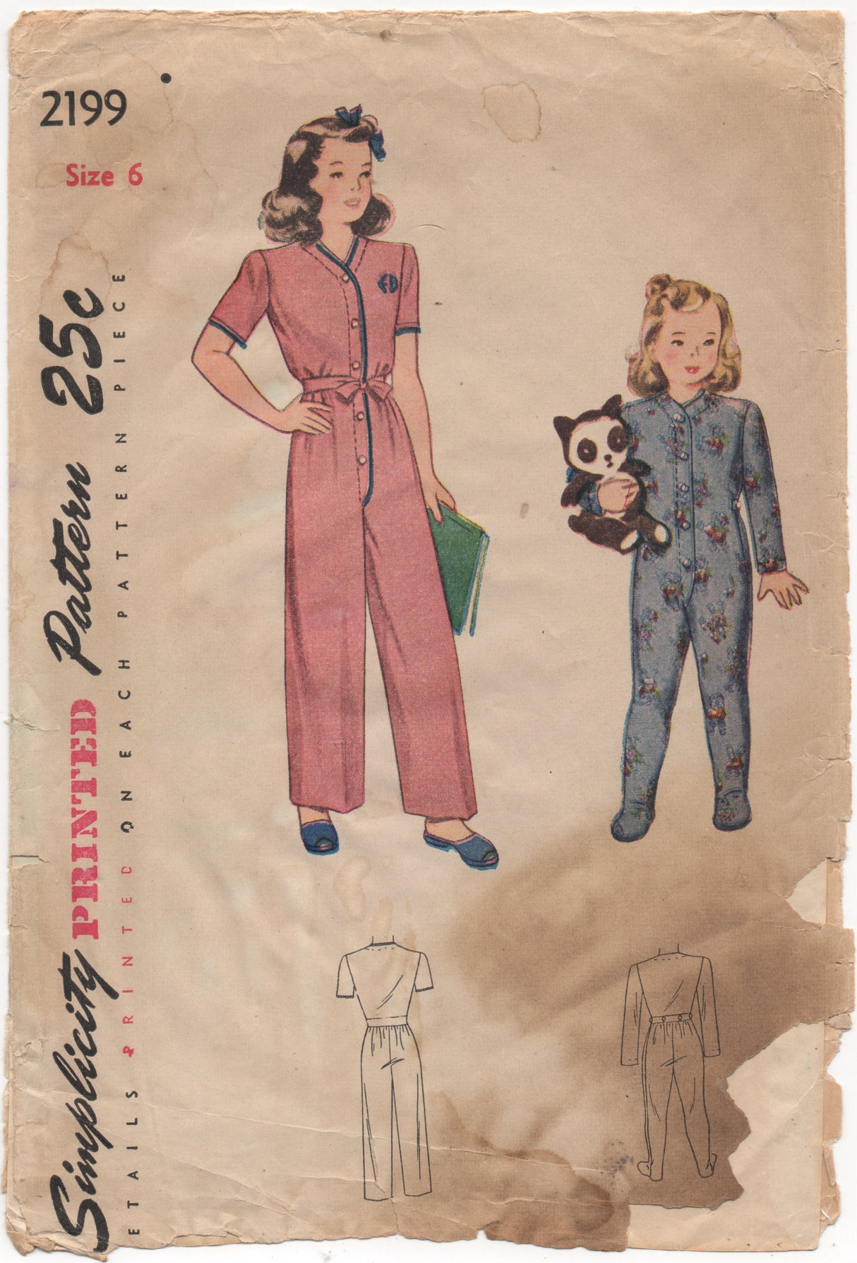 1940's Simplicity Child's One Piece Pajama with or without feet - Chest 24" - No. 2199